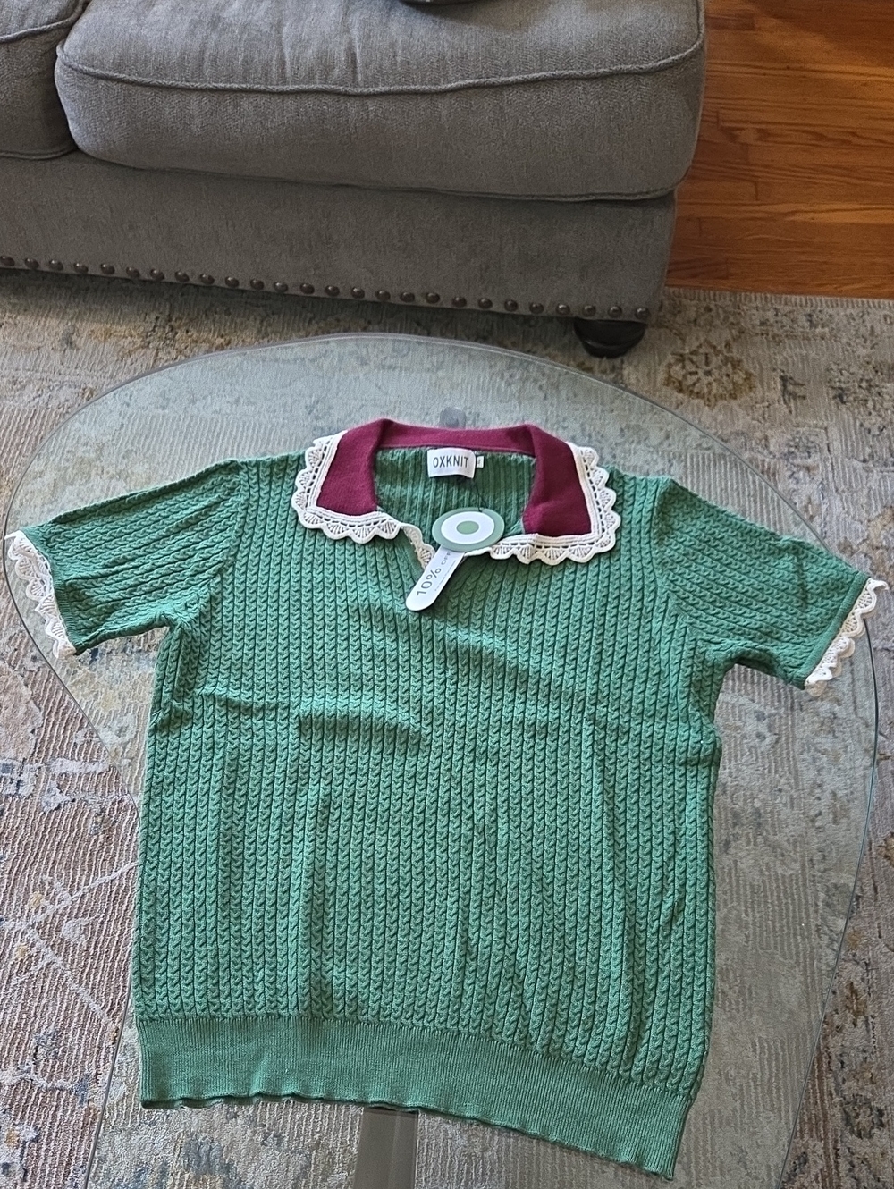 OXKnit Green Knit Top with Burgundy Collar and Lace Trim